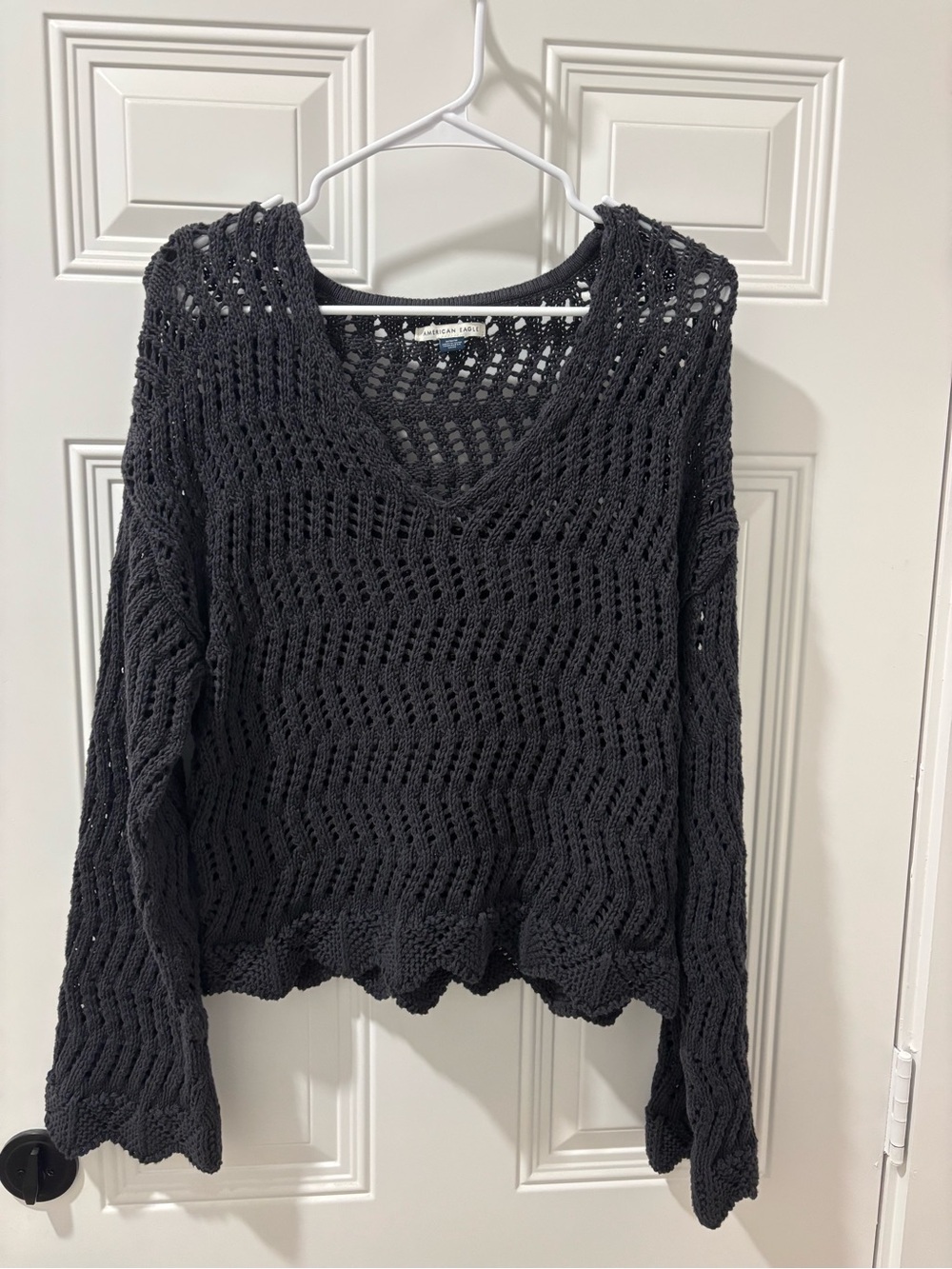 American Eagle Outfitters Navy Blue Open-Knit V-Neck Sweater